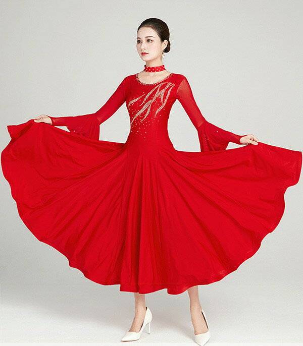 社交ダンスドレス モダンドレス 広がる裾 競技用ドレス ダンス衣装 ダンスウェア ステージ衣装 大きいサイズ カラオケ スタンダード ドレス ワルツ ワンピースドレス 舞台 演奏会 発表会ドレス パーティー デモ 衣装 dv184ze