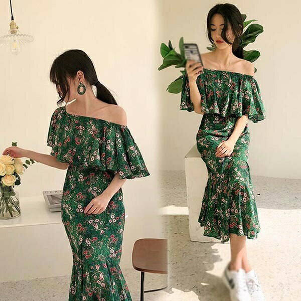 ワンピース 夏 レディース マーメイド 夏ワンピース シフォン オフショルダー 2Ways 花柄 リゾート 沖縄 大人かわいい フリル グリーン 花柄 ハワイ リゾートワンピース サマードレス ロング Aライン ハワイ 沖縄 旅行用 大人 20代 30代 40代 可愛い お洒落 花柄 結婚式のサムネイル