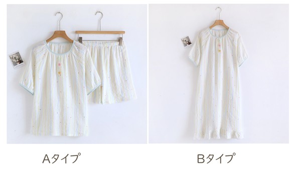 ルームウェア 綿ガーゼ パジャマ 2タイプルームウェア レディース 上下セット ワンピース 半袖 ゆっ たり コットン 可愛い 部屋着 プレゼント 春・夏 bg026zuzulc