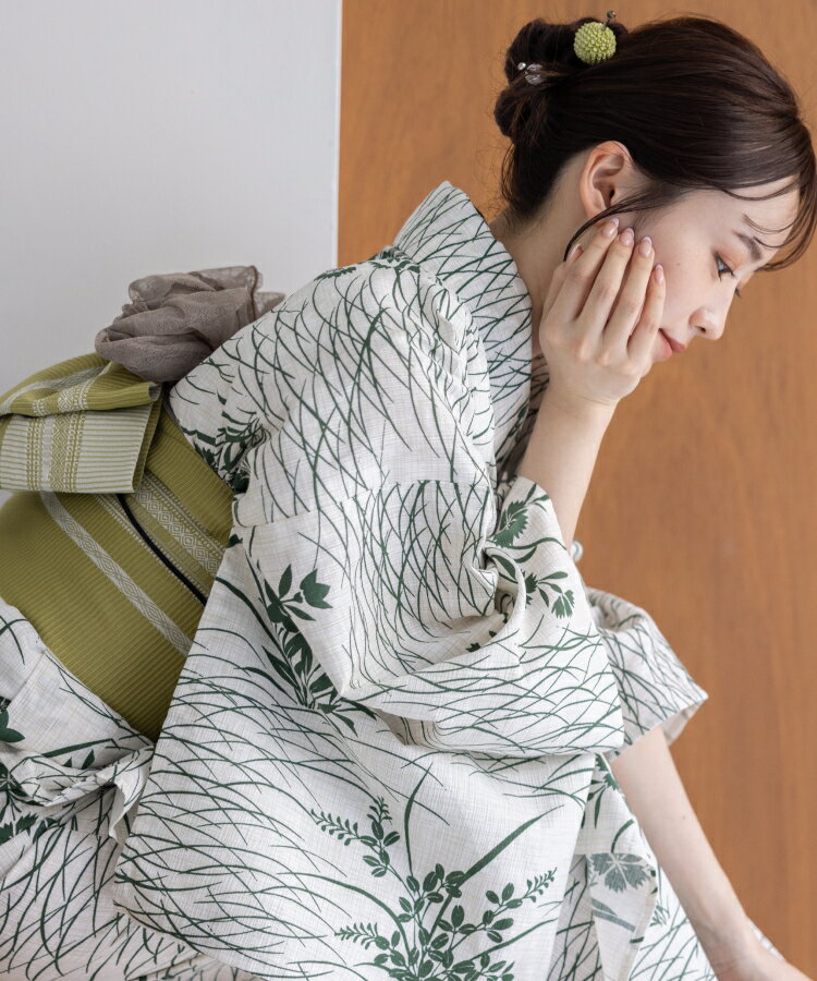 桔梗に芝草 こだわり浴衣 5点セット (浴衣/帯/下駄/腰紐/着付け冊子) 浴衣 レディース 浴衣 セット 麻混 綿麻 楊柳生地 グリーン 緑