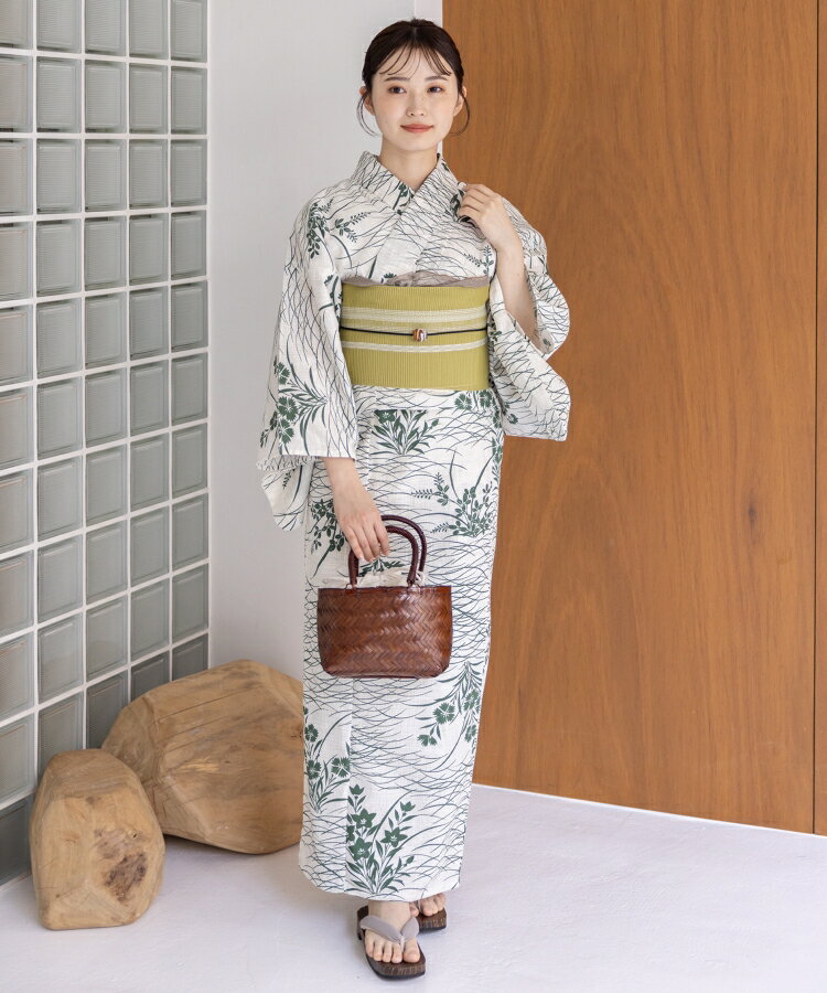桔梗に芝草 こだわり浴衣 5点セット (浴衣/帯/下駄/腰紐/着付け冊子) 浴衣 レディース 浴衣 セット 麻混 綿麻 楊柳生地 グリーン 緑