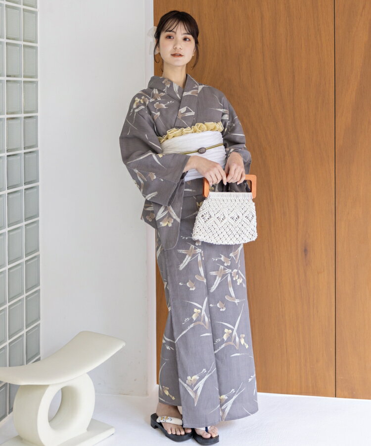 こだわり 浴衣 5点セット (浴衣/帯/下駄/腰紐/着付け冊子) 浴衣 レディース 浴衣 セット 麻混 綿麻 楊柳生地 グレー