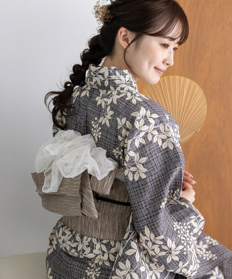 灰影の花調べ こだわり浴衣 5点セット (浴衣/帯/下駄/腰紐/着付け冊子) 浴衣 レディース 浴衣 セット 変わり織生地 ブラック 黒