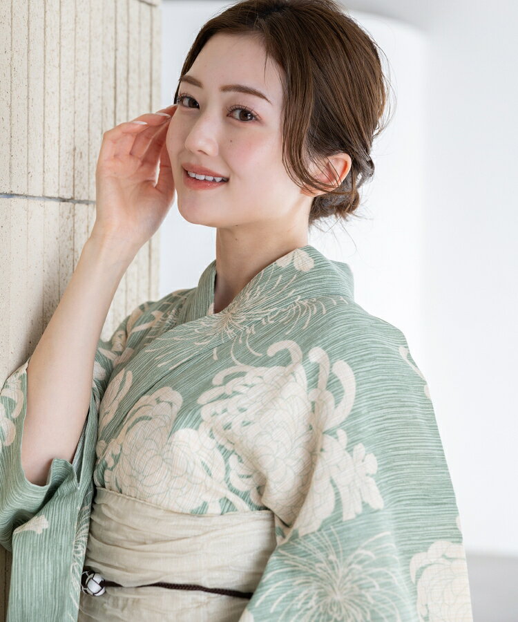 Rakuten - 若草色に乱菊 こだわり浴衣 5点セット (浴衣/帯/下駄/腰紐/着付け冊子)