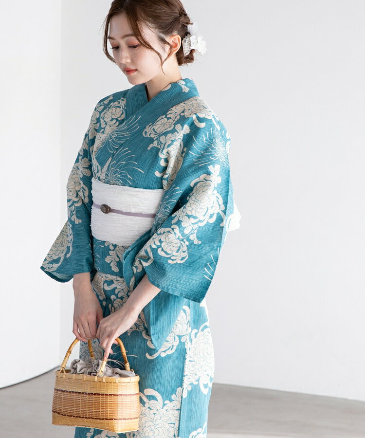 薄藍の乱菊 こだわり浴衣 5点セット (浴衣/帯/下駄/腰紐/着付け冊子) 浴衣 レディース 浴衣 セット 綿麻 ブルー 菊