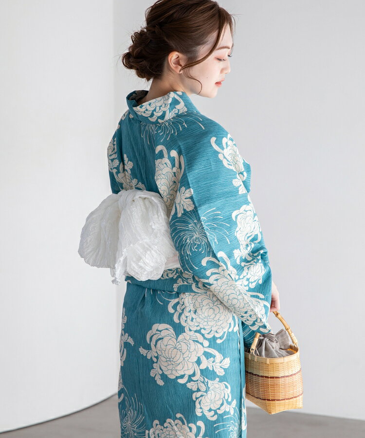 薄藍の乱菊 こだわり浴衣 5点セット (浴衣/帯/下駄/腰紐/着付け冊子) 浴衣 レディース 浴衣 セット 綿麻 ブルー 菊