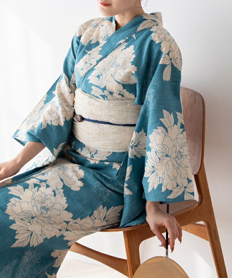 薄藍の牡丹 こだわり浴衣 5点セット (浴衣/帯/下駄/腰紐/着付け冊子) 浴衣 レディ...