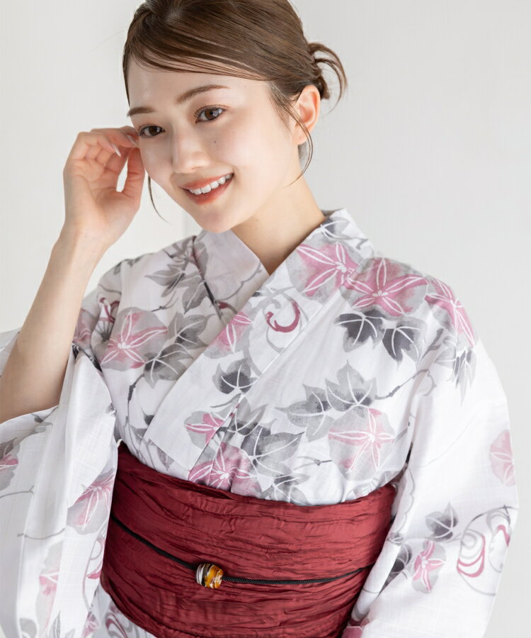 薄桜色の朝顔と団扇 こだわり浴衣 5点セット (浴衣/帯/下駄/腰紐/着付け冊子)