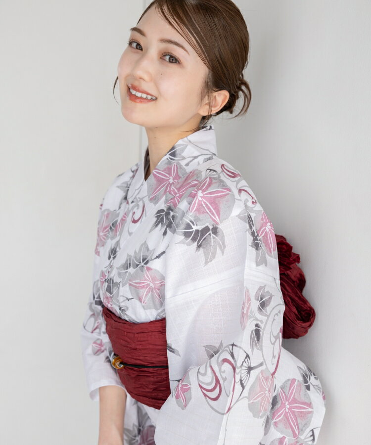 薄桜色の朝顔と団扇 こだわり浴衣 5点セット (浴衣/帯/下駄/腰紐/着付け冊子)