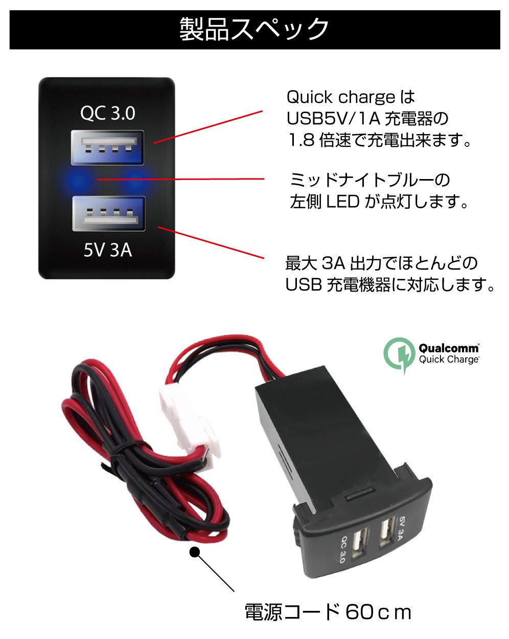 USB 充電 ポート USBポート 増設 車 usbポート 埋込 LED 2ポート 3A QC3.0 クイックチャージ3.0 接続 ジャック 増設電源 スズキ車系 S03タイプ スイッチホール増設用 QC3.0&5V3AUSBポート PO-S03-QU3 メール便(ネコポス)送料無料 3