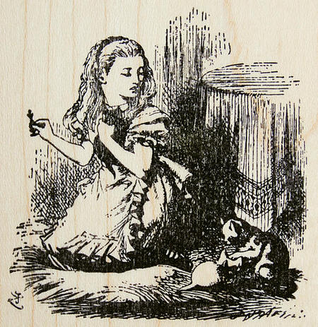 ラバースタンプ 鏡の国のアリス Alice and Kittens テニエル画 木の持ち手 【ウッドマウント】 輸入ス..