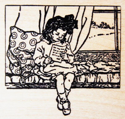 ラバースタンプ 本を読む少女 2 木の持ち手 ウッドマウント ラバースタンプ 輸入スタンプ アートスタンプ ゴム印・スタンプ