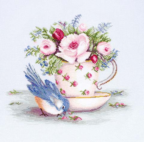 Rakuten - メール便送料無料 クロスステッチ 刺繍キット ルーカス Luca-S 小鳥とティーカップ 16ct 花 鳥 クロスステッチキット ししゅう 刺繍