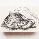 ラバースタンプ 毛布にくるまった子猫とネズミ(大) 木の持ち手 ウッドマウント 輸入スタンプ アートスタンプ ゴム印・スタンプ