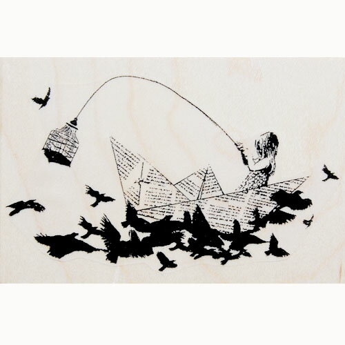 ラバースタンプ バンクシー 紙のボートで釣りをする子供木の持ち手 ウッドマウント 輸入スタンプ アー..