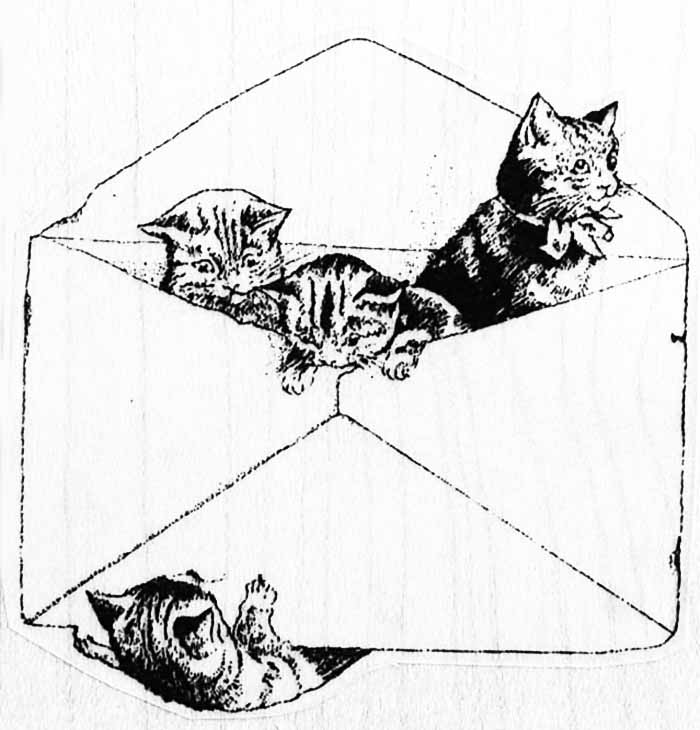 ラバースタンプ 子猫と封筒 木の持ち手 ウッドマウント 輸入スタンプ アートスタンプ ゴム印・スタンプ