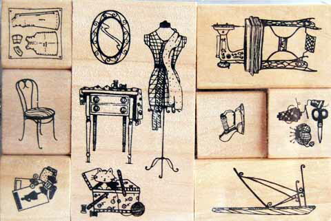 ラバースタンプ ソーイングルーム スタンプセット INKADINKADO 木の持ち手 ウッドマウント 輸入スタンプ アートスタンプ ゴム印・スタンプ