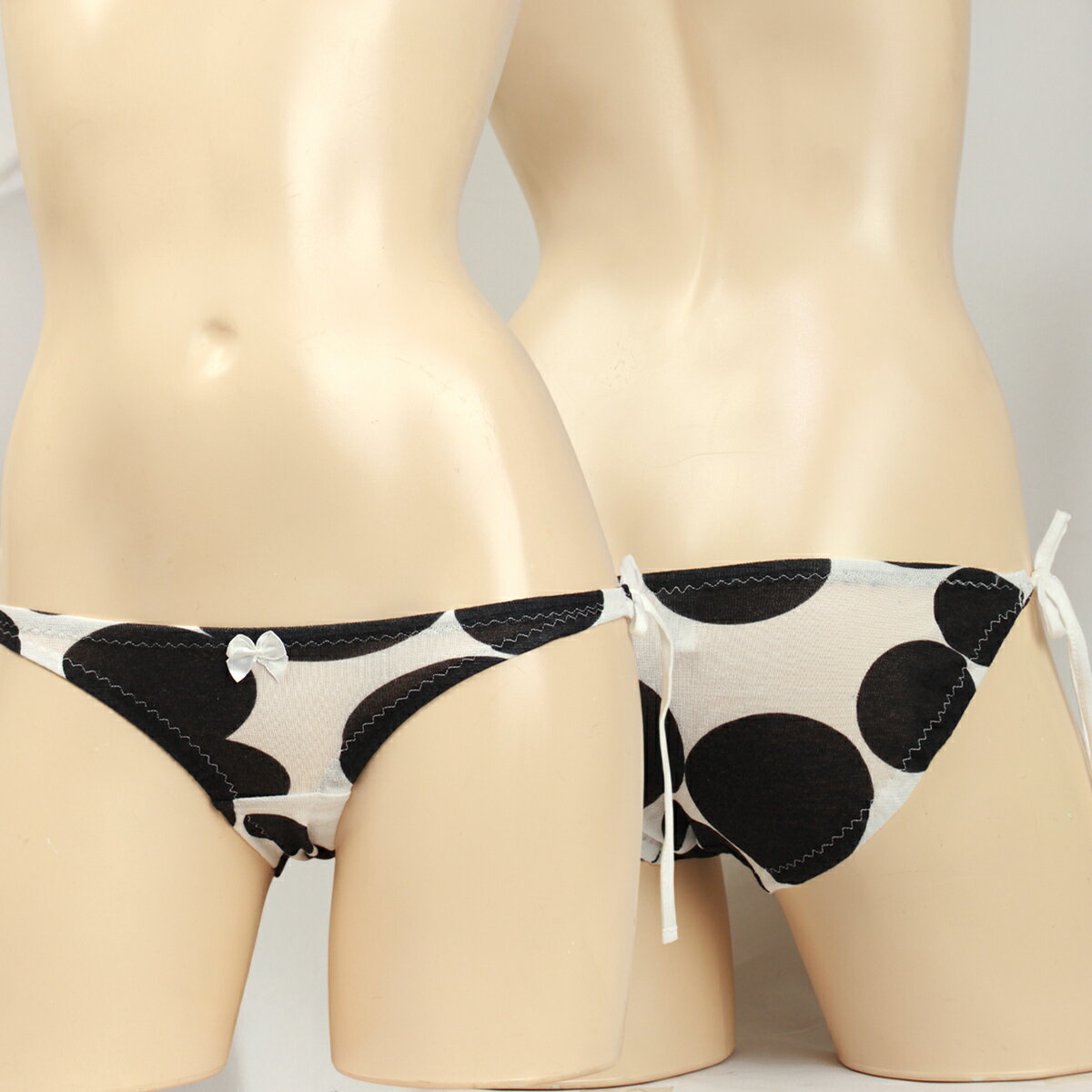 【2512新作】レディース 紐パン モノクロバブルドットプリント 薄手天竺ニット スキャンティ 横ひも結びショーツ 【当店オススメ】2512n
