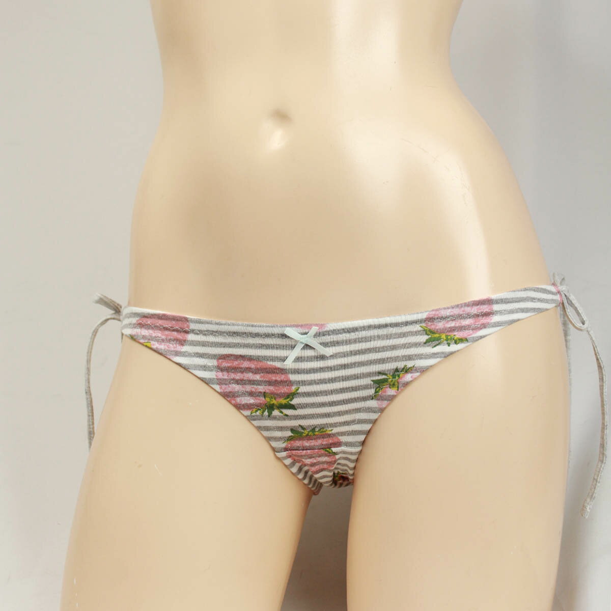 【2512新作】レディース 紐パン ももいちご×グレーボーダー 天竺ニット スキャンティ 横ひも結びショーツ 【当店オススメ】2512n