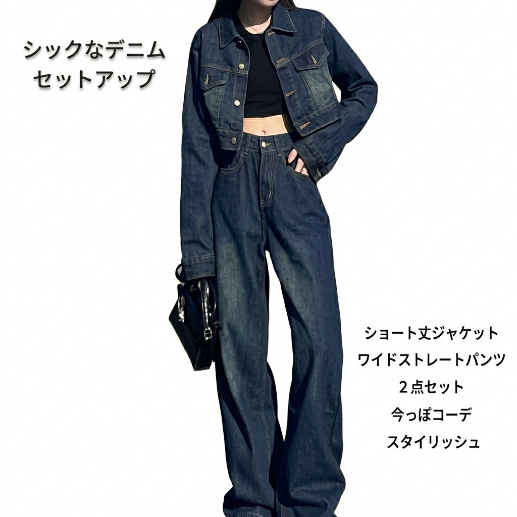 セットアップ デニム 二点セット 上下セット ツーピース レディース ジャケット パンツ ボトムス ジャケット Gパン ジーンズ 丈長 フルレングス 長袖 襟付き ワイド 大人可愛い シンプル カジュアル おしゃれ かっこいい こなれ感 メンズライク ボーイッシュ レディース