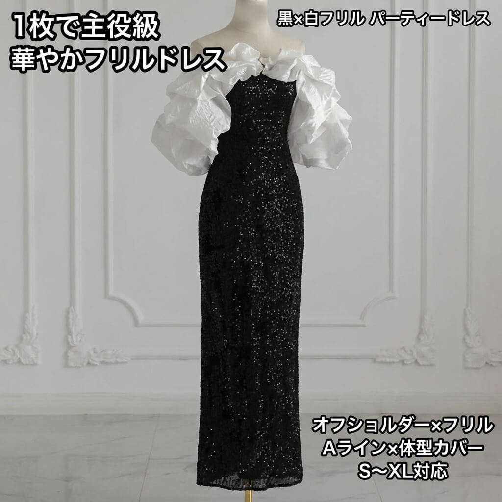 樂天商城 - レディース イブニングドレス パーティードレス 長袖 オフショルダー フリル マキシ丈 Aライン フォーマル 華やか エレガント 存在感 ゴージャス