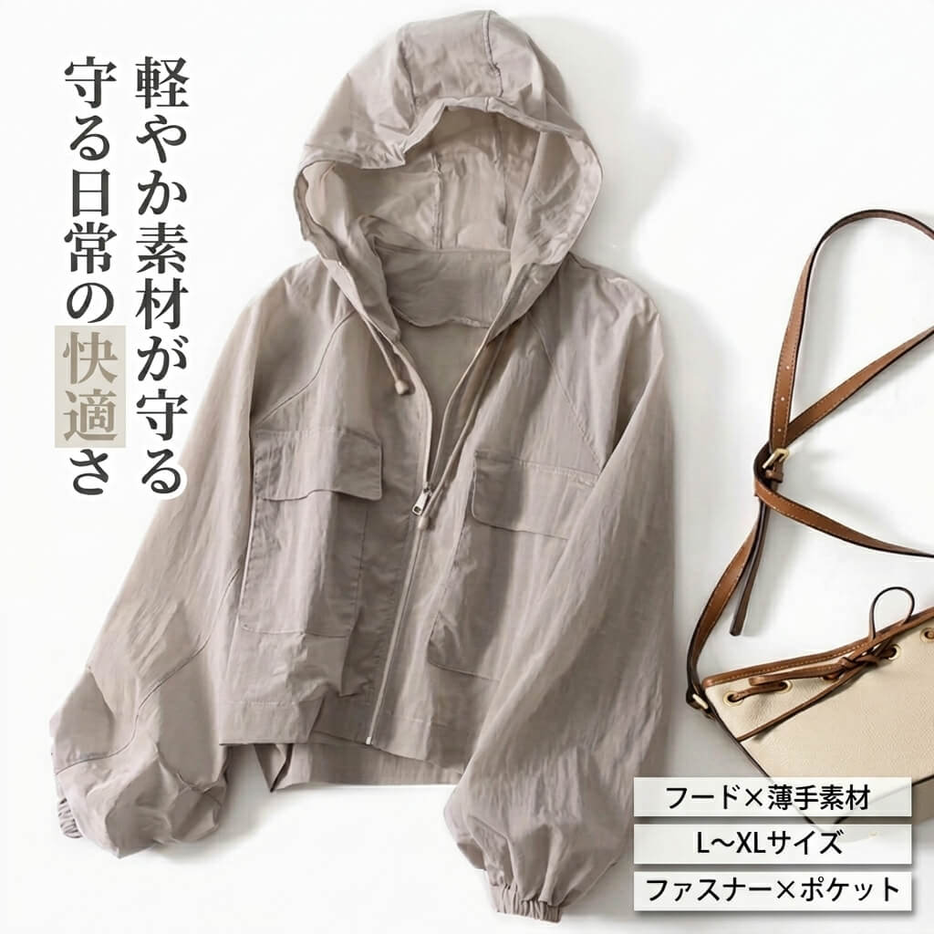 樂天商城 - レディース フード付きジャケット ウィンドブレーカー 長袖 薄手 UV対策 ポケット グレージュ/ホワイト/ピンク/ブラウン L~XL