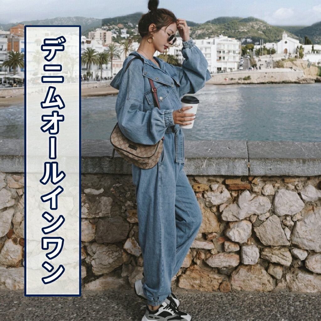 樂天商城 - つなぎ オールインワン デニム フルレングス 長袖 スタンドカラー フード ストリート ウエストマーク ウエストリボン ポケット ハイウエスト ブルーデニム カラーデニム かわいい 大人可愛い シンプル カジュアル おしゃれ こなれ感 ラフ メンズライク レディース