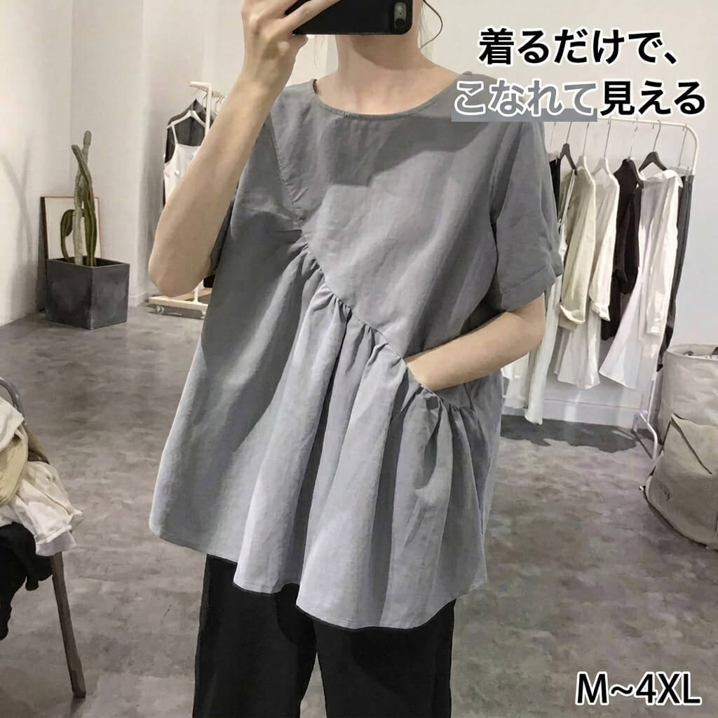 樂天商城 - レディース アシンメトリーブラウス フリル 半袖 ラウンドネック きれいめ カジュアル グレー ホワイト ブラック M~4XL