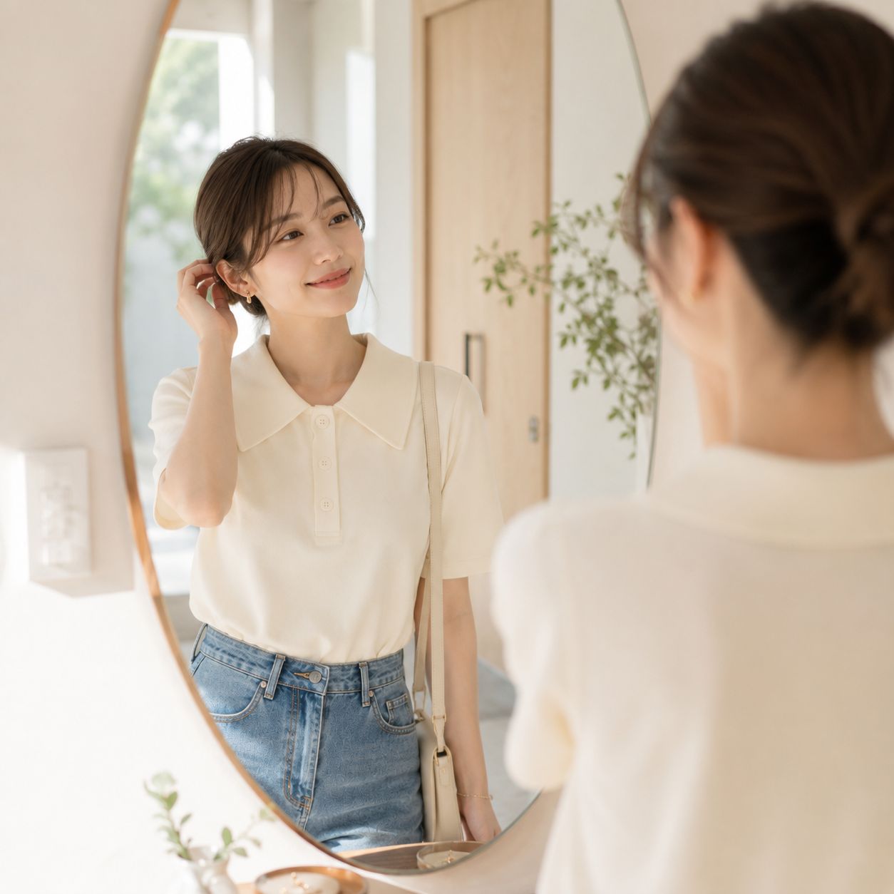 gramariaのレディース ニットポロ 半袖 ビッグカラー ポロニット サマーニット トップス 襟付き ニットソー きれいめ 大人かわいい オフィスカジュアル 上品 フェミニン 着回し 春 夏 通勤 お出かけ gramaria｜アングル3