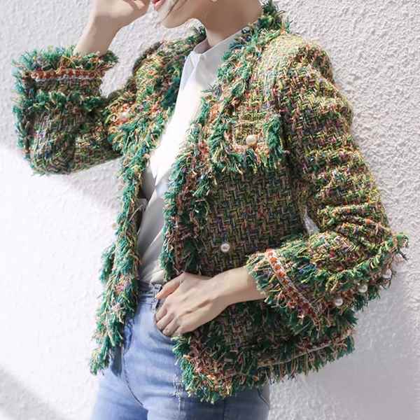 レディースツイードジャケット トップス ジャケット スタイルコート 上着 ミドル丈 長袖 襟なし ノーカラー ストレート ツイード バイカラー パール ビジュー フリンジ 大人可愛い カジュアル エレガント チェック 春 冬 オールシーズン OL 通勤 ショッピング カフェ