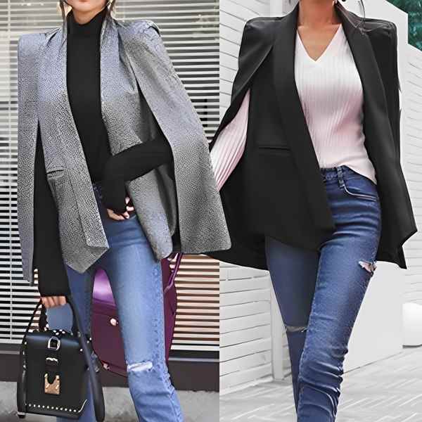 2色展開 レディース ケープスーツジャケット スプライシングミッドレングススリムショール ジャケット 上着 ショール ミッドレングス ノースリーブ ストレート チェック ビジネス 通勤 パーティー レストラン ショッピング 韓国 トレンド S M L XL ブラック グレー