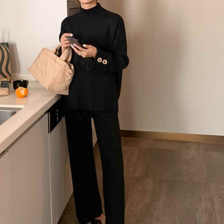 レディース トップス パンツ ボトムス ニット セーター セットアップ ワイドパンツ ツーピースセット ロング 長袖 萌袖 ハイネック ワイド もこもこ ふわふわ ふっくら 伸縮性 ボタン かわいい 大人可愛い きれいめ シンプル カジュアル 上品 おしゃれ かっこいい
