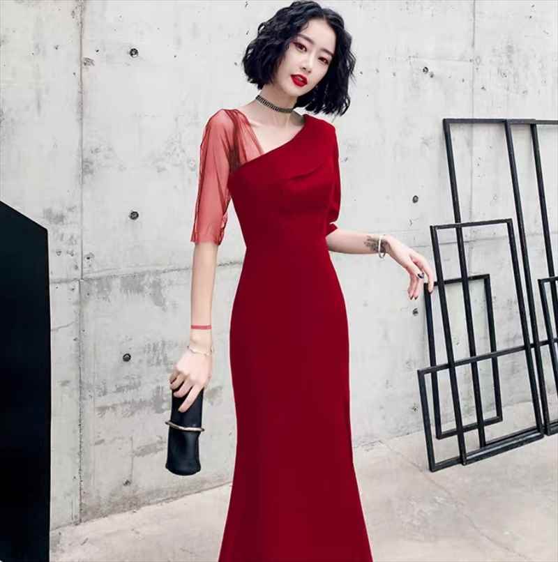 ドレス ワンピース ウェディング パーティー ステージ フォーマル マキシ 5分袖 ラウンドネック ワンショル アシンメトリー フレア Aライン イブニング 切り替えデザイン ハイウエスト 透け感 シースルー 薄手 上品 おしゃれ かっこいい クール モード エレガント