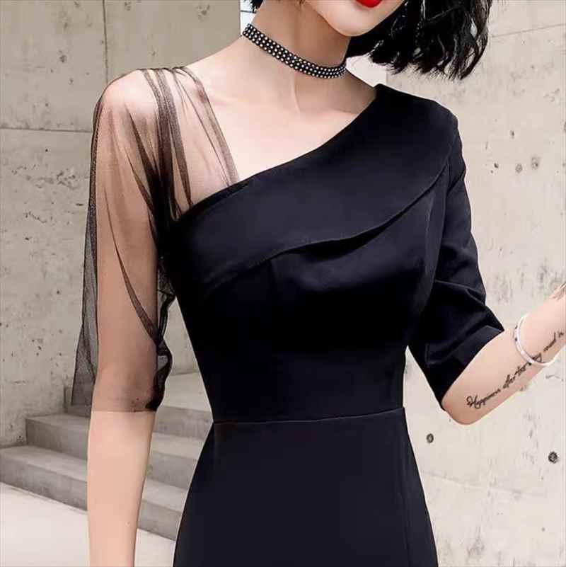 ドレス ワンピース ウェディング パーティー ステージ フォーマル マキシ 5分袖 ラウンドネック ワンショル アシンメトリー フレア Aライン イブニング 切り替えデザイン ハイウエスト 透け感 シースルー 薄手 上品 おしゃれ かっこいい クール モード エレガント