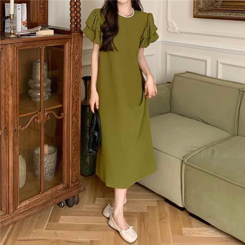樂天商城 - レディース ワンピース ミモレ パフスリーブ クルーネック Aライン スリット ハイウエスト 中厚手 大人可愛い きれいめ シンプル カジュアル 上品 レトロ こなれ感 ガーリー ルーズ 主役級 抜け感 ナチュラル 無地 春 夏 秋 授業参観 ママ 通勤 デート お出かけ