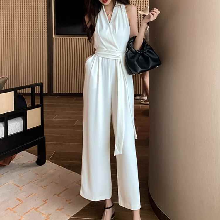 樂天商城 - レディース パンツ ボトムス つなぎ ロングパンツ ワイドパンツ ジャンプスーツ ロング 袖なし ノースリーブ Vネック 襟なし ノーカラー ワイド リボン ウエストマーク ウエストリボン ハイウエスト 薄手 かわいい 大人可愛い きれいめ シンプル カジュアル 上品