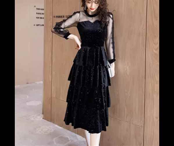 レディース ドレス ケーキスカート ロング 長袖 ラウンドネック スリム 細身 Aライン プリーツ レース ..