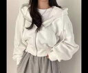 レディース トップス パーカー ショート 長袖 ドロップショルダー ファスナー 前開き フード 綿 スウェット シンプル カジュアル おしゃれ かっこいい レトロ ラフ メンズライク ボーイッシュ スポーティー ルーズ クール ナチュラル リラックス ハンサム シック|詳細画像