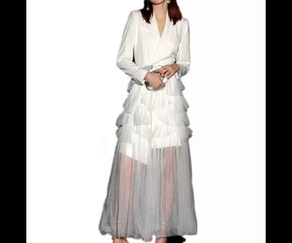 レディース ドレス イブニングドレス パーティードレス ケーキスカート ロング 長袖 襟付き スーツカラ..