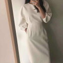 レディース ワンピース ロング 長袖 ボリューム袖 Uネック ラウンドネック タイト スリム 細身 Iライン フェミニン ストリート ウエストマーク ポケット ハイウエスト コンサバ 大人可愛い きれいめ シンプル 上品 おしゃれ かっこいい 個性的 クール モード系(4)