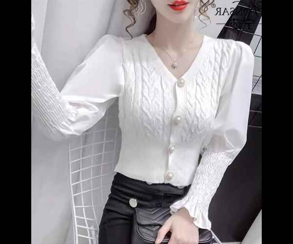 レディース トップス ニット カーディガン ショート 長袖 ボリューム袖 ランタンスリーブ Vネック スリ..