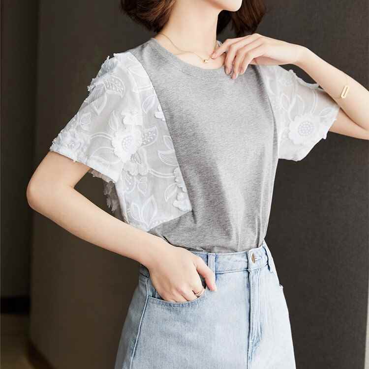 樂天商城 - レディース トップス カットソー 半袖 ラウンドネック 襟なし ストレート 切り替え ドッキング フェミニン レース 刺繍 切り替えデザイン ポリエステル 配色 かわいい 大人可愛い きれいめ シンプル カジュアル おしゃれ こなれ感 主役級 存在感 抜け感 無地 春 夏
