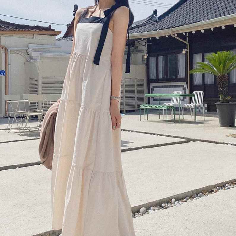 樂天商城 - レディース スカート ワンピース ドレス ロングスカート ロング 袖なし ノースリーブ スクエアネック 襟なし ノーカラー ワイド リボン ハイウエスト 薄手 かわいい 大人可愛い きれいめ シンプル カジュアル 上品 おしゃれ レトロ アジアン こなれ感 ラフ ルーズ