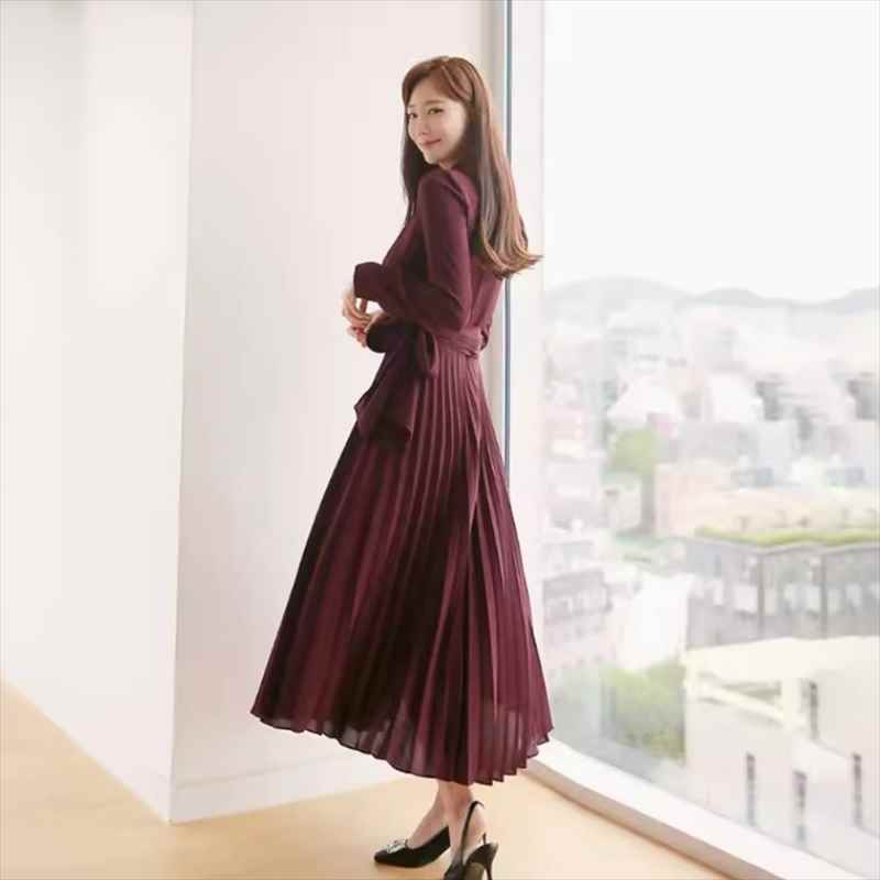 樂天商城 - レディース スカート ワンピース ドレス プリーツスカート ロングスカート ミモレ 長袖 Vネック 襟付き スリム 細身 プリーツ リボン ウエストマーク ウエストリボン ハイウエスト 薄手 かわいい 大人可愛い きれいめ シンプル 上品 おしゃれ レトロ 個性的 クール