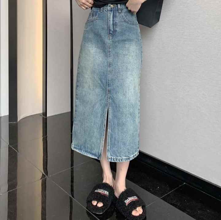レディース スカート ボトムス デニム デニムスカート フレアスカート ロングスカート ロング セミフレア フェミニン ストリート スリット ハイウエスト フロントスリット デニム ブルーデニム かわいい 大人可愛い シンプル カジュアル おしゃれ かっこいい レトロ