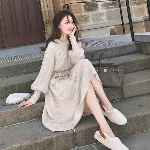 レディース ワンピース ニット セーター ミモレ ミディアム丈 長袖 ボリューム袖 ラウンドネック Aライン フェミニン ウエストマーク ウエストリボン 伸縮性 中厚手 大人可愛い きれいめ おしゃれ かっこいい ガーリー ルーズ 主役級 存在感 ロマンティック ナチュラル 無地