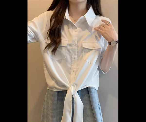 Long-Sleeved - レディース トップス シャツ ショート 長袖 ロールアップ 襟付き ポロカラー 前開き ボタン 大人可愛い きれいめ シンプル カジュアル 上品 おしゃれ かっこいい こなれ感 ボーイッシュ クール エレガント ナチュラル 知的 清潔感 爽やか ハンサム シック 高級感