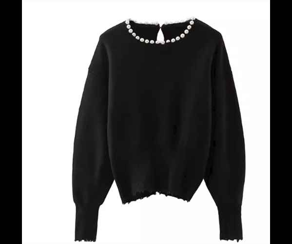 レディース トップス ニット セーター プルオーバー ウール ミドル丈 長袖 ラウンドネック ダメージ パ..