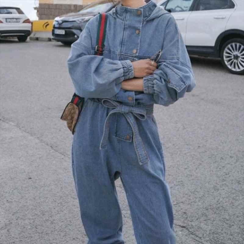 レディース オールインワン つなぎ フルレングス 長袖 スタンドカラー フード ストリート ウエストマーク ウエストリボン ポケット ハイウエスト デニム ブルーデニム カラーデニム かわいい 大人可愛い シンプル カジュアル おしゃれ こなれ感 ラフ メンズライク