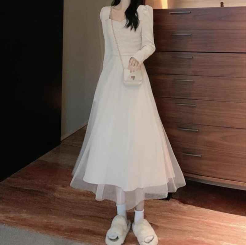 樂天商城 - レディース ワンピース フレア ロング 長袖 パフスリーブ バルーン袖 Aライン フェミニン レース チュール ウエストマーク ハイウエスト ボタン ギャザー 異素材ミックス かわいい 大人可愛い きれいめ シンプル 上品 おしゃれ ガーリー エレガント モダン 存在感
